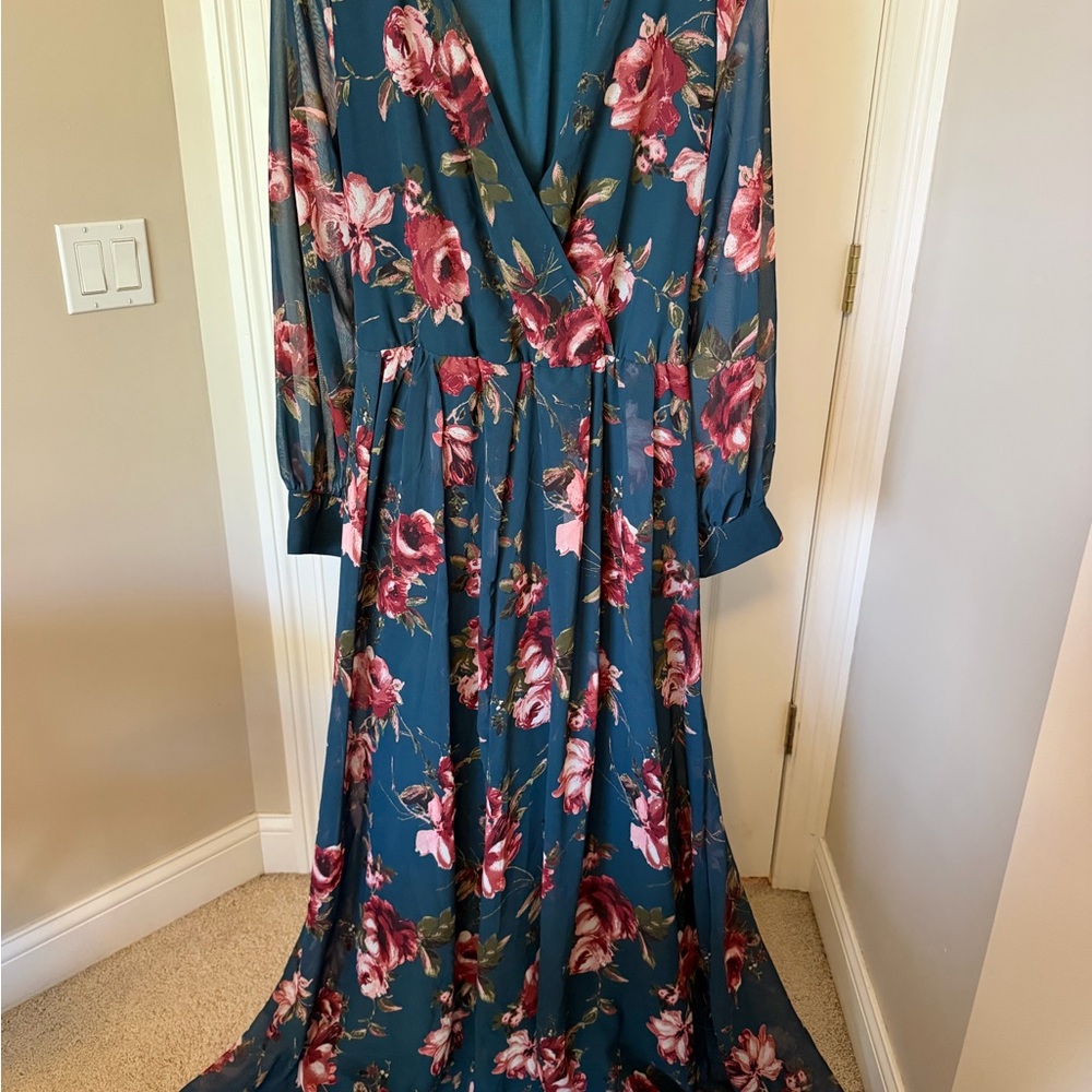 Floral Wrap Maxi Dress in Teal and Pink